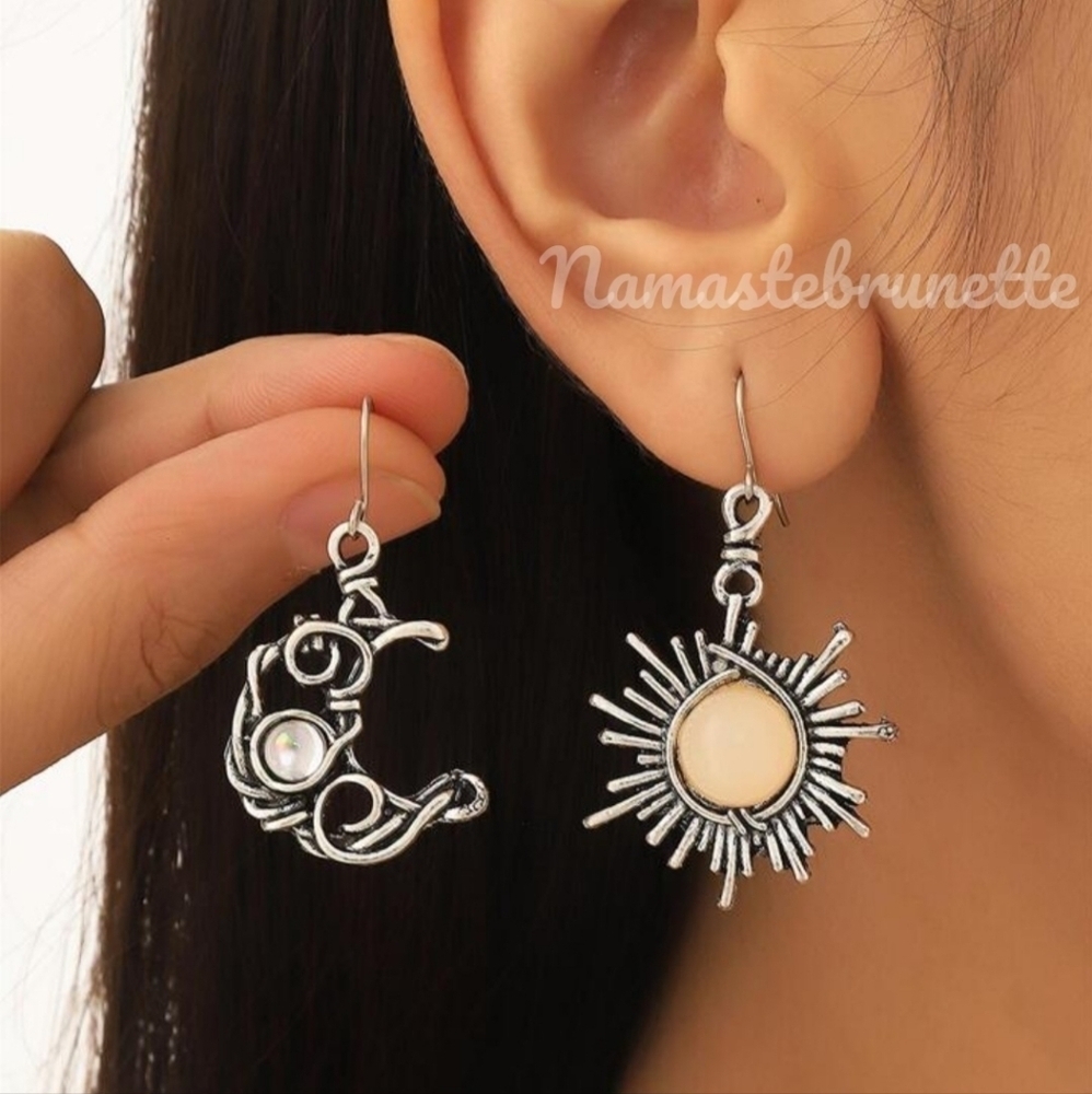 Sun & Moon Silver Wire Wrapped Stone Dangle Drop Earrings - Picture 3 of 15